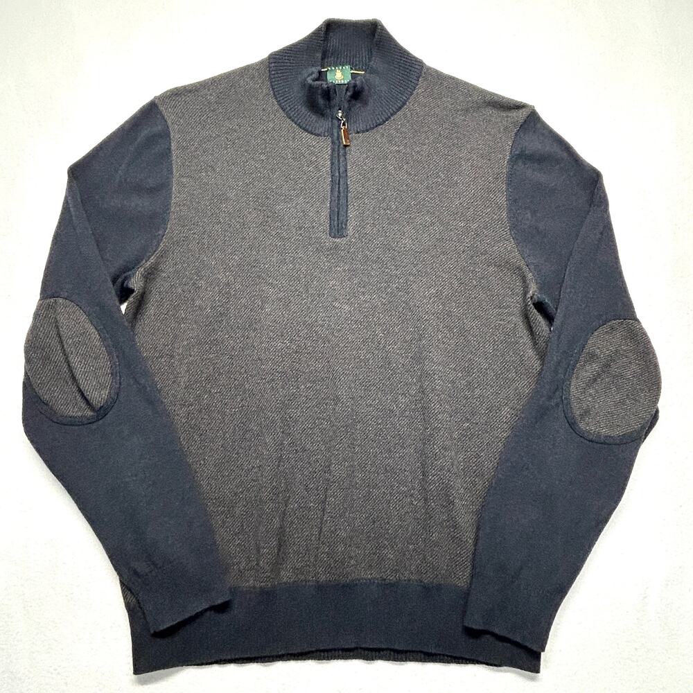 Robert Talbott Sweater Men's Large Blue Cashmere Blend 1/4 Zip Elbow Patch